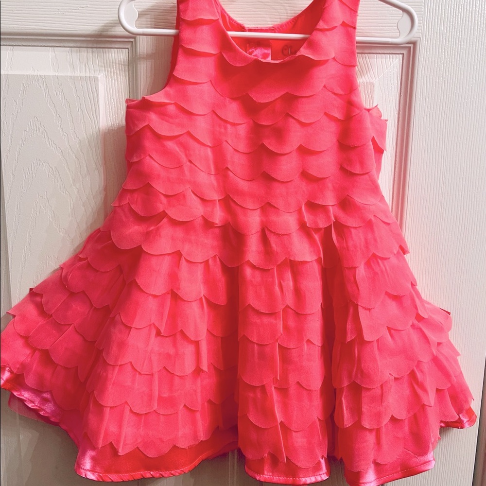 Girls Hot Coral Ruffled Scalloped Dress